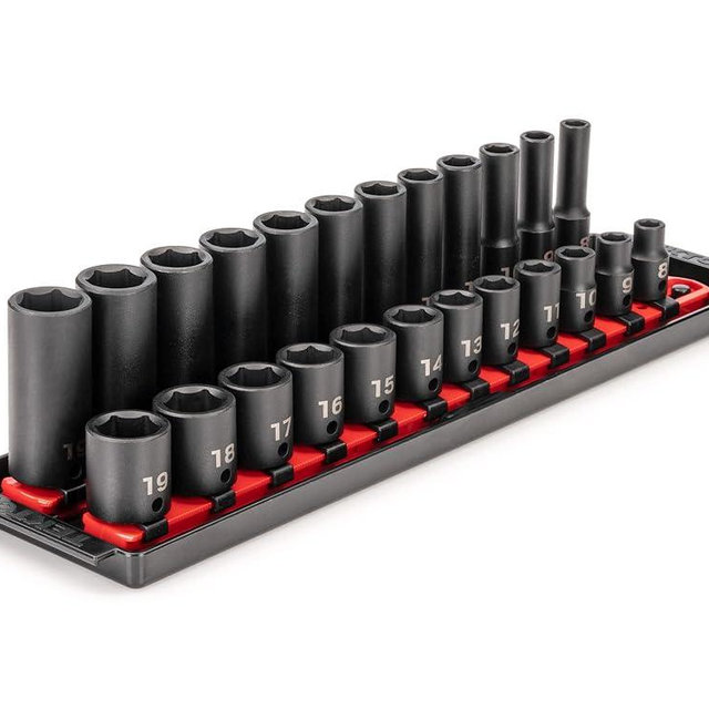 TEKTON 3/8 Inch Drive 6-Point Impact Socket Set with Rails, 24-Piece (8-19 mm) | SID91209