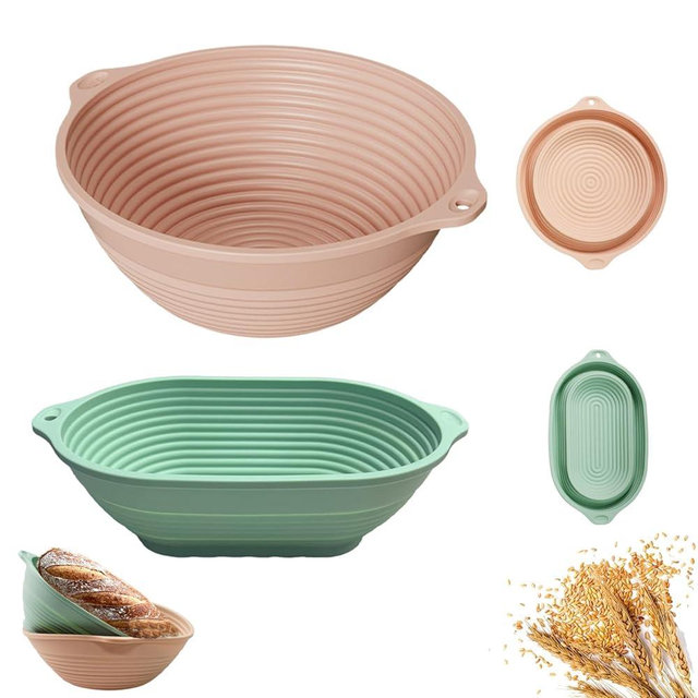 Kicihen 2-Pack Silicone Bread Proofing Basket,10" & 9" Collapsible Banneton for Sourdough, Non-Stick Dishwasher Safe Alternative to Rattan, Professional Baking Supplies (Round Pink+Oval Green)