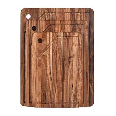 KARRYOUNG Acacia Wood Cutting Board (Set of 3) with Juice Grooves - Wooden Chopping Board for Meat, Vegetables, Fruit & Cheese
