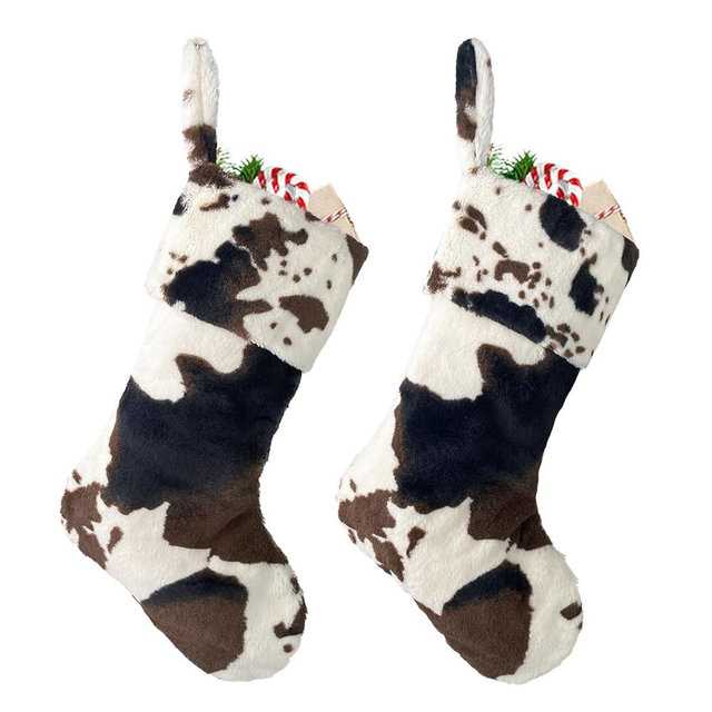 AtiMing 2 Pack Plush Christmas Stockings Cow Print Large 20" Faux Fur Farmhouse Christmas Hanging Stockings for Xmas Holiday Fireplace Decorations