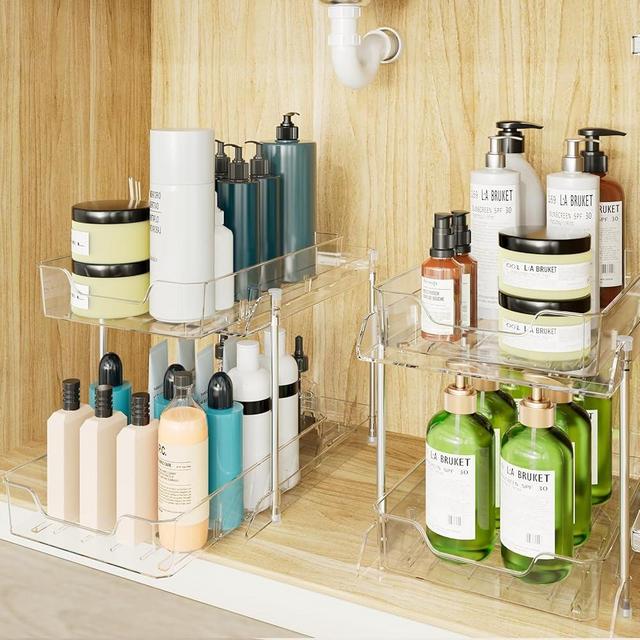 JLKDQ 2 Pack Bathroom Under Sink Organizers and Storage, 2-Tier Pull Out Medicine Cabinet Organizing- Kitchen, Pantry, Medicine Storage Bins, Vanity Makeup.(Clear,10.63" L x 8.0" W x 8.46" H).