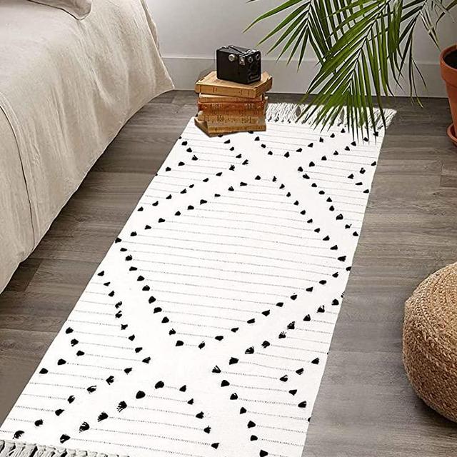 HAOCOO Boho Bathroom Runner Rug 2’ X 4.3’ , Washable Woven Cotton Diamond Area Rug ,Black and White Chic Moroccan Tribal Tassel Kitchen Rug ,Throw Floor Mat Carpet Decorative for Living Room Bedroom