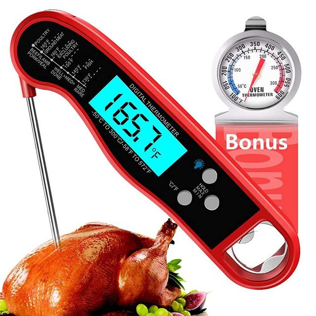 Meat Thermometer, Instant Read Food Thermometer for Cooking, Waterproof Digital Kitchen Thermometer with Backlight, Ultra Fast Cooking Thermometer Long Probe for Grilling BBQ, Extra Oven Thermometer
