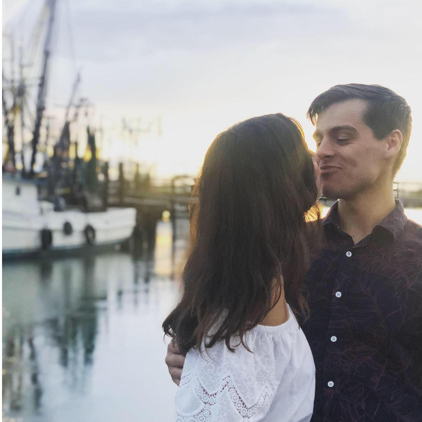 Sharing Kisses with Shrimp Boats in the Background in Destinee's Hometown, Beaufort, South Carolina, at Fishcamp on 11th Street