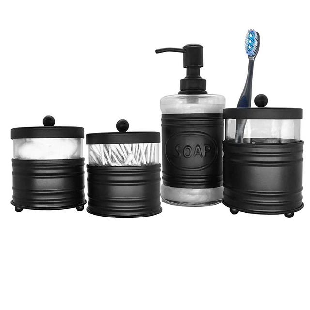 Autumn Alley Rustic Farmhouse Glass and Black Bathroom Accessories Set (4 PCS) - Lotion Soap Dispenser, Toothbrush Holder, 2 Apothecary Jars (Qtip Holder) - Rustic Farmhouse Bathroom Decor