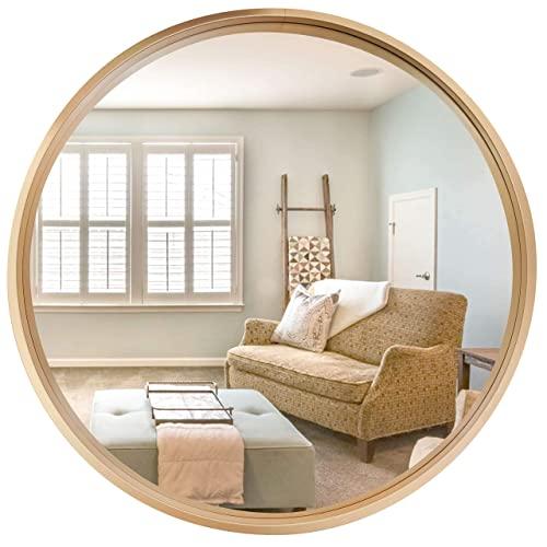 Round Hanging Mirrors Wall Decor - Vanity Mounted Wall Mirror with Metal Frame for Contemporary Accent Rooms (24" x 24", Champagne Gold Mirror)