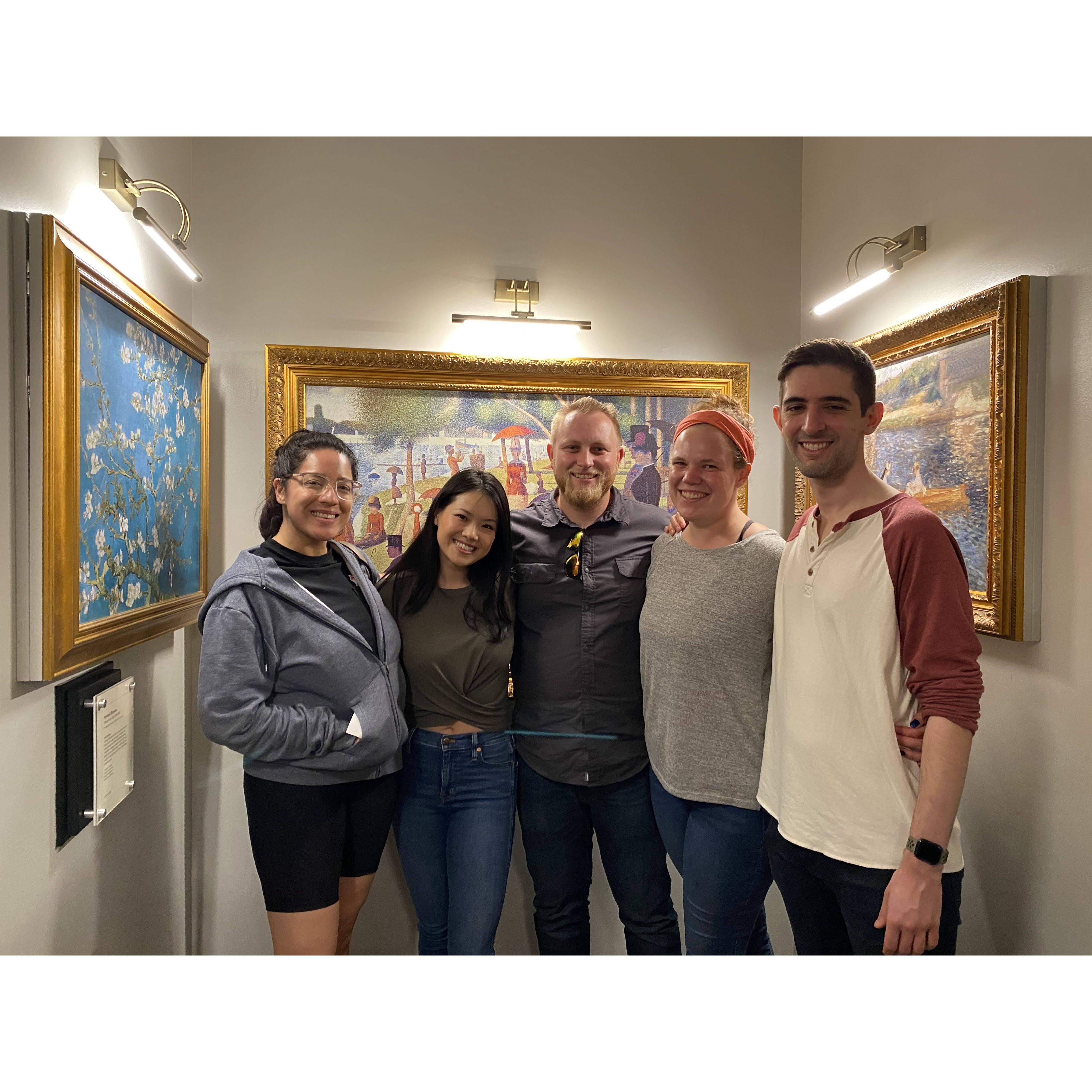 Nick and Ping with her Austin roommates (and bridesmaids), Daniela and Nicole, and Nicole's fiancé Jamie, having recently escaped the room pictured here.