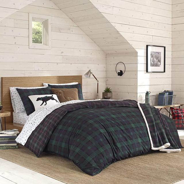 Eddie Bauer Home | Woodland Collection | 100% Cotton Soft & Cozy Premium Quality Plaid Reversible Duvet Cover Matching Shams, 3-Piece Bedding Set, Queen, Green