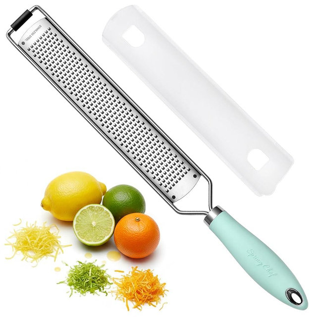 Spring Chef Stainless Steel Lemon Zester Grater with Handle - Garlic, Cheese, Parmesan, Nutmeg, Lime, Ginger Grater - Heavy Duty Kitchen Tool - Citrus Zester with Blade Cover - Fine Shred - Mint