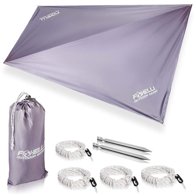Foxelli Rain Tarp – Lightweight, Portable, Waterproof 12' Camping Tarp, Easy Set Up with Included Extra Long Guy Lines Stakes - Perfect Rain Fly for Hammock