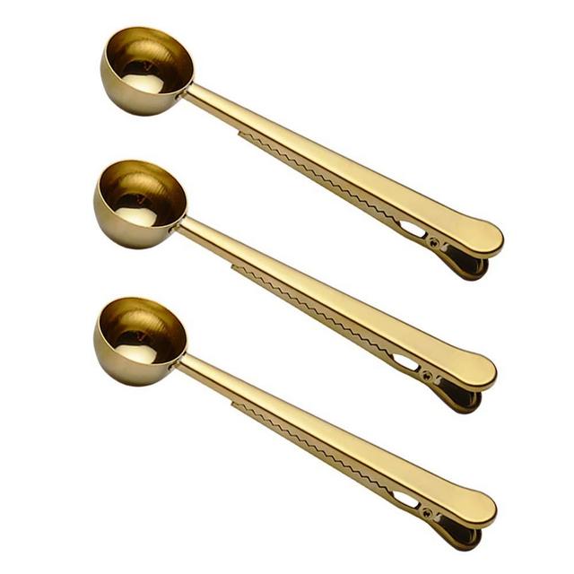 2-in-1 Stainless Steel 1 Tablespoon Coffee Scoop Clip Set of 3(Silver/gold/rose gold) (gold)