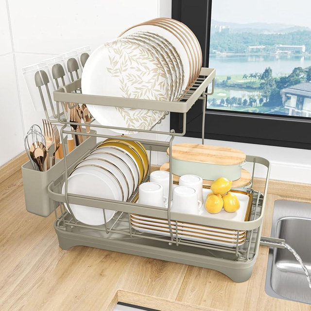 HOMEAILIE Dish Drying Rack, 2-Tier Dish Drying Rack with Utensil Holder – Large Capacity Auto-Draining Dish Drainer with Drainboard for Kitchen Counter, Grey