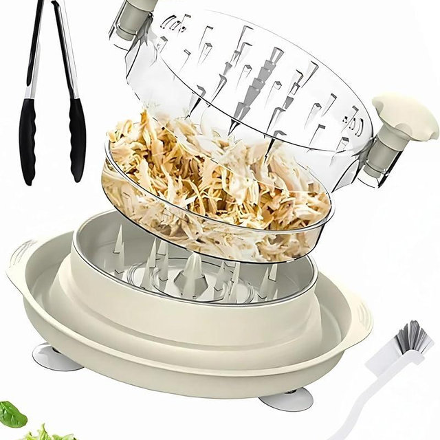 [3 Layers & Larger] 12" Chicken Shredder Tool Twist Large with Cleaning Brush and Food Tong, Ergonomic Handle, Anti-Slip Base, Dishwasher Safe, BPA Free, Meat Shredder for Pork Beef Chicken (Grey)