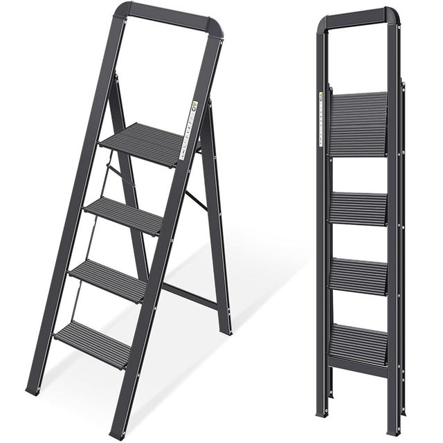 KINGRACK Aluminium 4 Step Ladder, Lightweight Step Stool with Non-Slip Pedals, Handrail, Foldable Step Ladder for Kitchen, Garage, Home, Space Saving, Sturdy and Portable, Black
