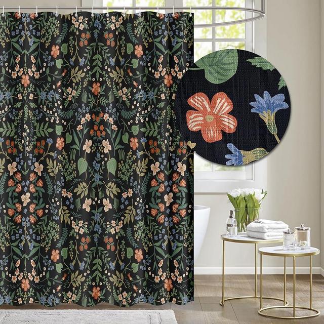 Tititex Boho Rustic Floral Black Shower Curtain, Vintage Watercolor Leaves with Flowers Bathroom Decoration Shower Curtain Sets 71x71 Inch with Hooks