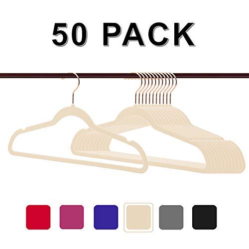 Non-Slip Velvet Clothes Hangers Premium Heavy Duty Space Saving with 360 Swivel &Rose Gold Hanger Hook for for Dress, Coats, Jackets, Pants, Shirts, Skirts (Pack of 50)