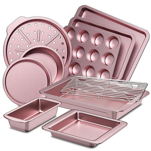 HONGBAKE Bakeware Sets, Baking Pans Set, Nonstick Oven Pan for Kitchen with Wider Grips, 10-Pieces Including Rack, Cookie Sheet, Cake Pans, Loaf Pan, Muffin Pan, Pizza Pan - Pink