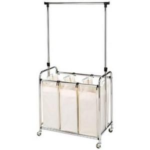 Seville Classics 3-Bag Laundry Sorter Hamper Cart with Hanging Bar in Natural