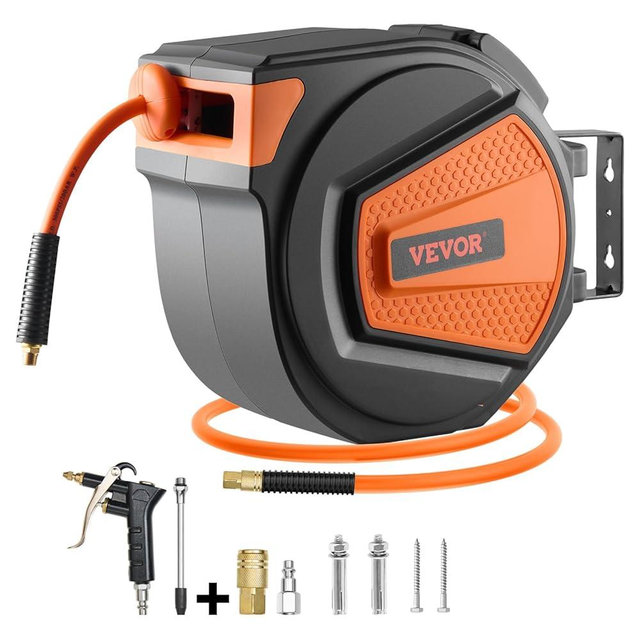 VEVOR Retractable Air Hose Reel, 3/8IN x 65FT Hybrid Air Hose Max 300PSI, Air Compressor Hose Reel Auto-Rewind with 6.6 FT Lead in, Ceiling/Wall Mount Enclosed PP Reel & Built-in 180° Swivel Bracket