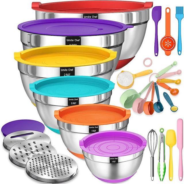 Umite Chef Mixing Bowls with Airtight Lids, 26Pcs Stainless Steel Bowls Set, 3 Grater Attachments & Colorful Non-Slip Bottoms Size 7, 4, 2.5, 2.0,1.5, 1QT, Great for Mixing & Serving