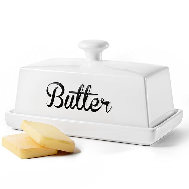 Ceramic Butter Dish with Lid - 7" White Butter Dish with Lid for Countertop - Covered Butter Dish for Countertop - Butter Tray for Counter - Butter Dish with Cover - Butter Dishes with Lid and Handle