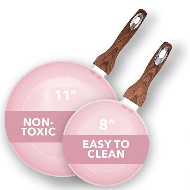 Phantom Chef 8” and 11" Frying Pan Set | Pure Aluminum Nonstick Frying Pan Set With Easy Clean Ceramic Coating | Soft Touch Stay Cool Handle | PTFE PFOA Lead and Cadmium Free Fry Pan | 2 Piece | Pink