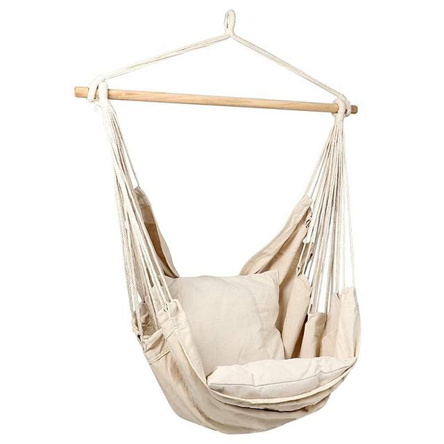 Bormart Hanging Rope Hammock Chair Large Cotton Weave Porch Swing Seat Comfortable and Durable Hanging Chair for Yard, Bedroom, Porch, Indoor, Outdoor - 2 Seat Cushions Included (White)