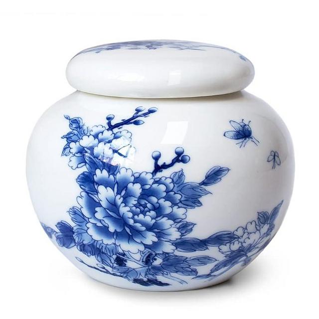 Dahlia Blue and White Porcelain Tea Canister for Loose Tea, Airtight Jingdezhen Tea Caddy, Peony 300 ML