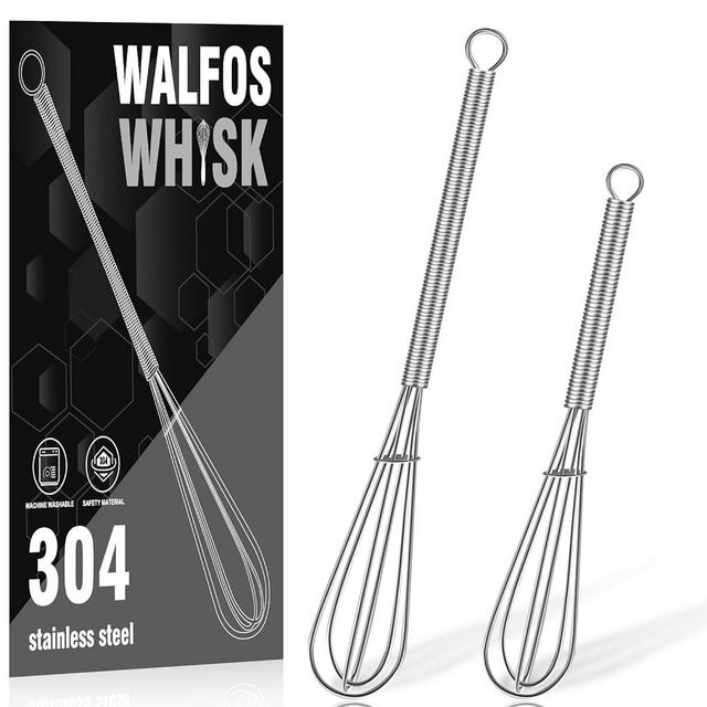 Walfos Mini Whisk, Non-Rust Small whisks Stainless Steel Tiny Whisk Set of 2 for Whisking, Blending Ingredients, Beating, Mixing Sauces(6+8inch)