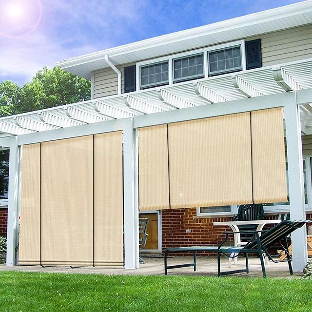 E&K Sunrise Roll up Shade Roller Shade 8'Wx6'H Porch Pergola Privacy Screen Roll up Blinds Sun Shade for Deck Gazebo Patio Back Yard Outdoor Sun Shade Beige
