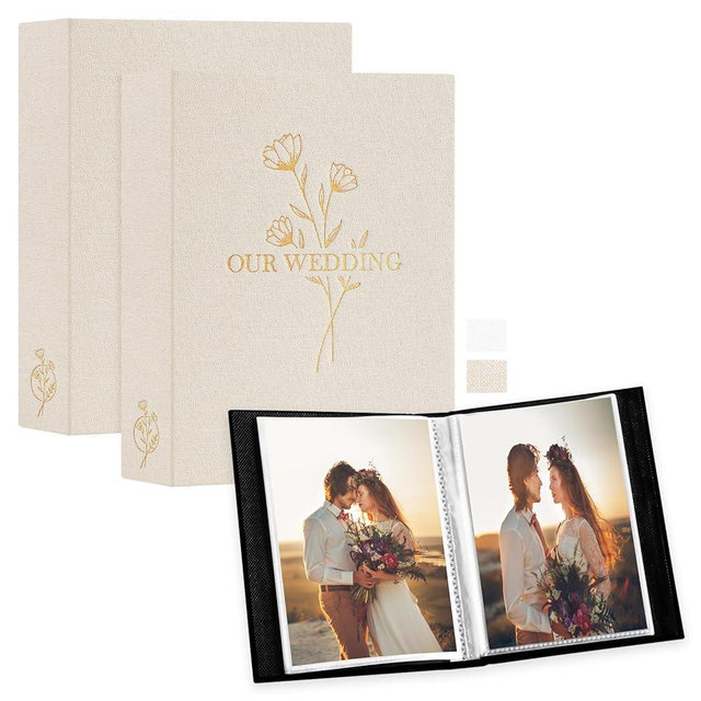 Lanpn Wedding Photo Album 4x6 2 Packs, Each Pack holds 50 Pictures, Slip in Pockets Mini Linen Top Loading Wedding Photo Albums for Portrait Only 4x6 Picture (Flower, Beige)
