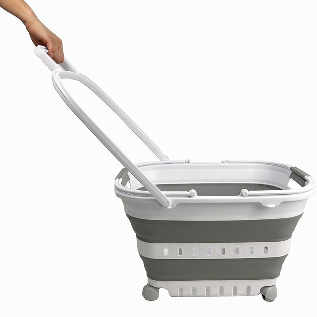 SAMMART 35L (9.24 Gallons) Collapsible Plastic Laundry Basket with Handle and Wheels - Foldable Pop Up Storage Container/Organizer with Handle and Wheels - Space Saving (1, White/Grey)