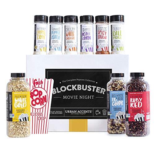 Urban Accents BLOCKBUSTER, Movie Night Popcorn Kernels and Popcorn Seasoning Variety Pack (Set of 10) - 3 Kernels, 6 Popcorn Seasonings and 2 sets of 8 Retro Boxes- Perfect Gift for Any Occasion