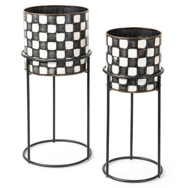 MACKENZIE-CHILDS Set of 2 Check It Out Metal Planters, Black-and-White Garden Planter