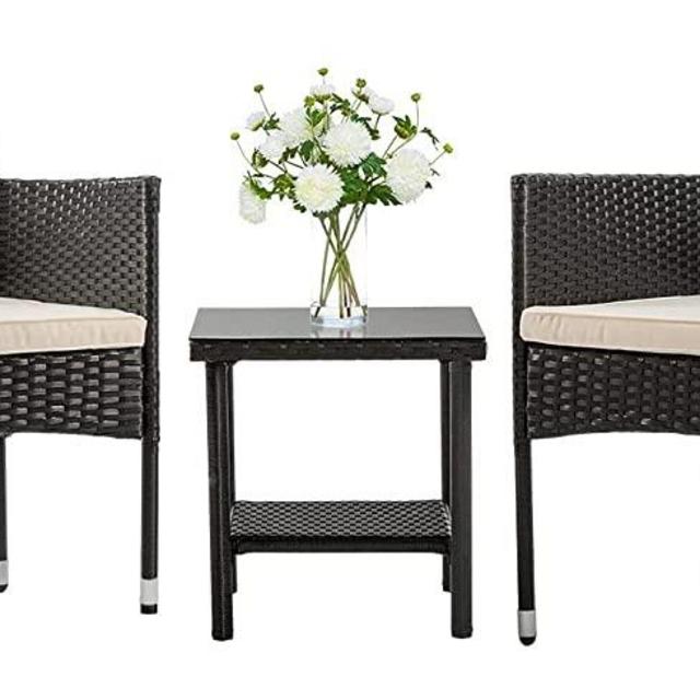 3 Pieces Patio Set Outdoor Patio Furniture Sets Wicker Bistro Set Rattan Chair Conversation Sets Garden Porch Furniture Sets for Yard and Bistro with Coffee Table (Black)