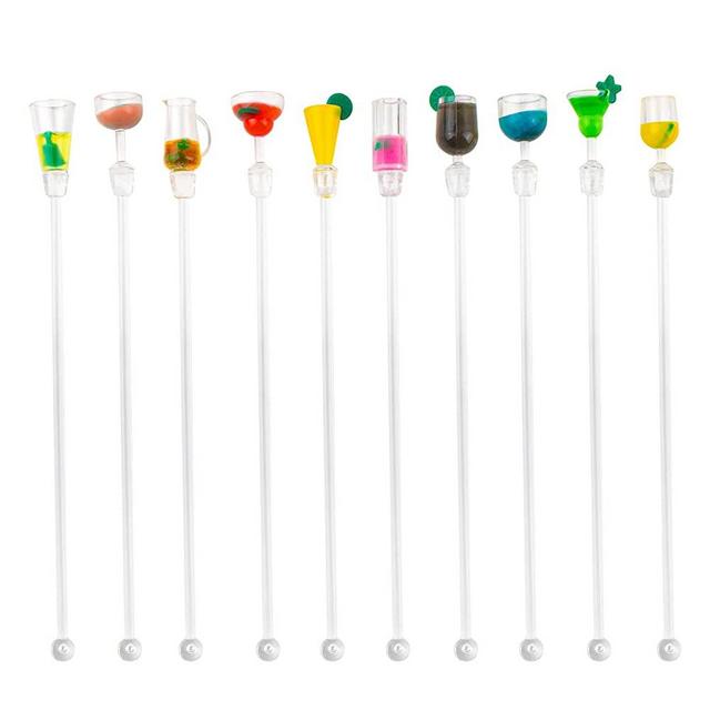 AUEAR, 10 Pack Swizzle Sticks Acrylic Colorful Cocktail Drink Stirrer Clear Shafts for Bars Cafes Restaurants Home Use