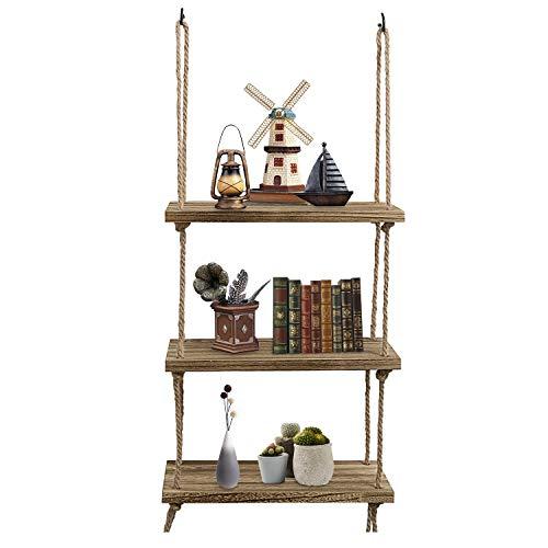 Oyeye Wall Hanging Shelf, 3 Tier Distressed Wood Swing Storage Shelves Jute Rope Organizer Rack, Rustic Home Wall Decor