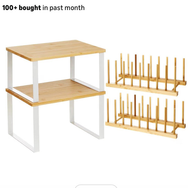 Marsui 4 Pcs Kitchen Organizer Accessories Set Cabinet Organizer Shelf and Bamboo Dish Drying Plate Rack Counter Shelves Storage Holder for Spice Rack, Dish, Pot Lid, Bowl, Cup(Wooden Color)