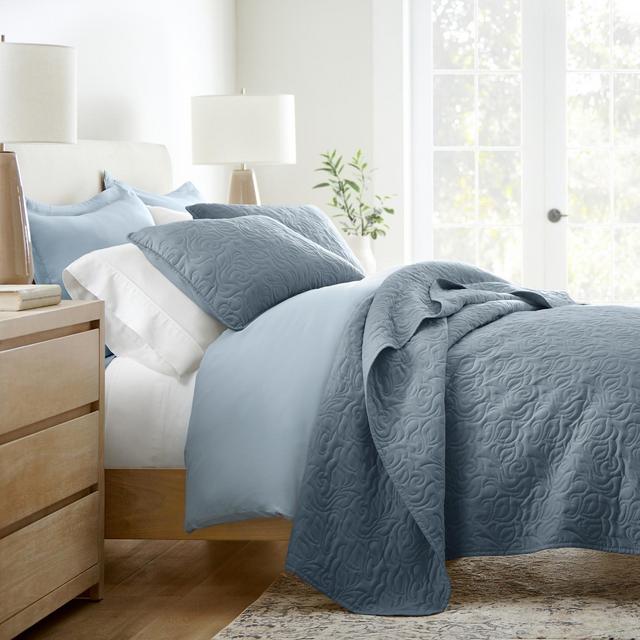 Stripes Floral and Diamonds Quilted Coverlet Set With Shams - Becky Cameron, Floral Stitch / Dusk Blue, King/California King