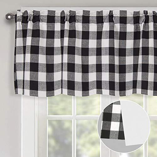 Th3mys Lined Buffalo Plaid Valance Curtains, Black and White Check Cotton Valance Handmade Gingham Farmhouse Window Treatments Valance Courtyard Valance 2 Layers Pocket for Windows 52 by 18 Inch Black