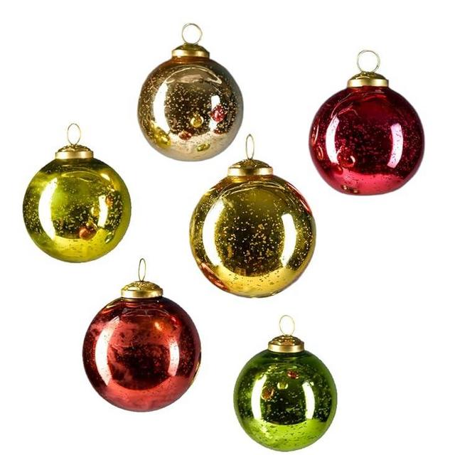 Serene Spaces Living Set of 6 Red, Green, and Gold Christmas Tree Ornaments for Xmas Decorating, Decorative Ball Ornaments for Holiday Décor, Measure 4" Tall and 3" Diameter