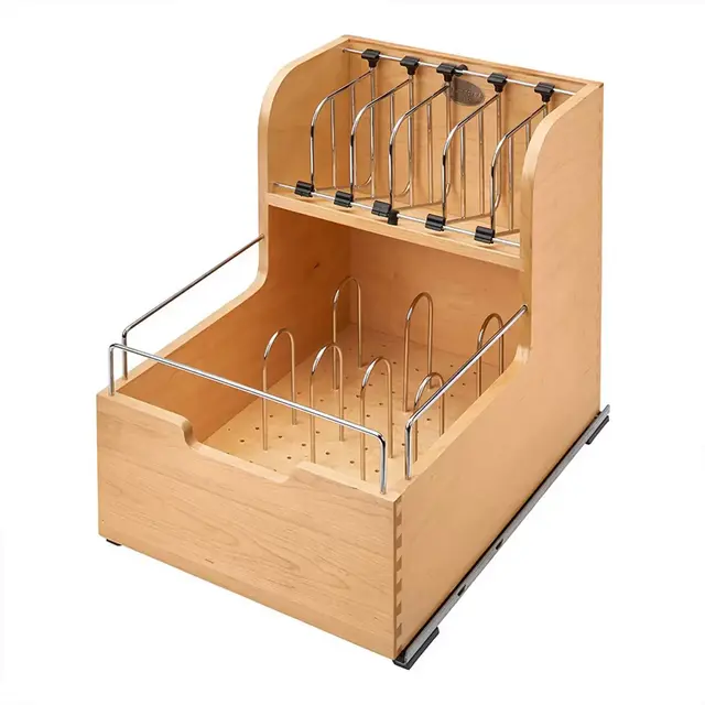 Rev-A-Shelf 18" Divided Storage Bin for Kitchen or Bathroom Cabinets, Food Storage Containers/ Utensils Organizer w/ Soft-Close, Wood, 4FSCO-18SC-1