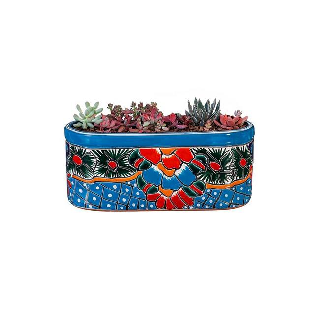 Evergreen Garden Talavera Mexican Pottery Ceramic Turquoise Ledge Planter | Flower Pot Plant Succulent | Indoor Outdoor (12 inch)