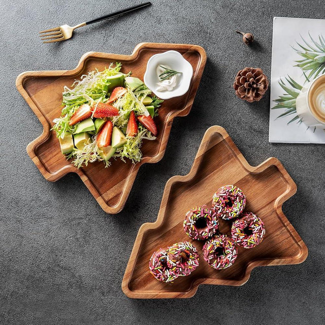BF BILL.F SINCE 1983 Wooden Serving Tray - Decorative Serving Platters and Trays Set of 2 Christmas Tree Shape Wood Platters for Entertaining, Breakfast, Coffee Table, Home Decor