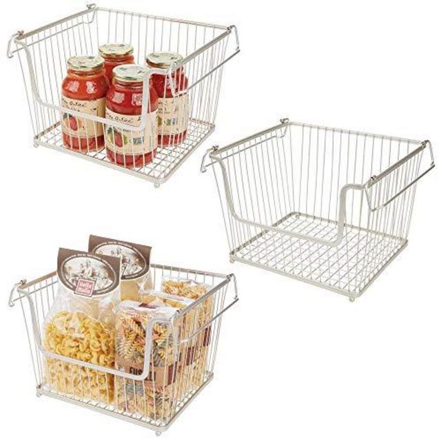 mDesign Modern Stackable Metal Storage Organizer Bin Basket with Handles, Open Front for Kitchen Cabinets, Pantry, Closets, Bedrooms, Bathrooms - Large, 3 Pack - Satin