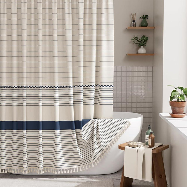 AmazerBath Boho Shower Curtain, Modern Farmhouse Shower Curtain Set with Tassels, Rustic Faux Linen Navy Blue Striped Shower Curtain with Hooks, Light Tan Toned, 72x72 Inches