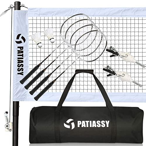 Patiassy Professional Outdoor Badminton Set with Winch System and Carrying Bag - Includes Portable Badminton Net, 4 Carbon Fiber Rackets and 2 Goose Feather Shuttlecocks