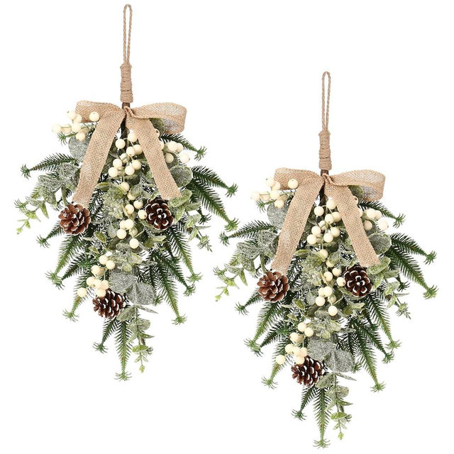 SY Super Bang 2PCS Christmas Decorations, 19Inch Artificial White Berry Front Door/Fireplace Hanging Decorations Include Linen Bow Green Plant, for Home Holiday Wall Party Xmas Decor.