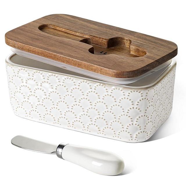 LE TAUCI Butter Dish with Lid for Countertop, Ceramic Butter Container, Embossed Butter Keeper with Acacia Wood lid, Knife, and Airtight Cover, Farmhouse Decor - Set of 1, Arctic White, Fireworks
