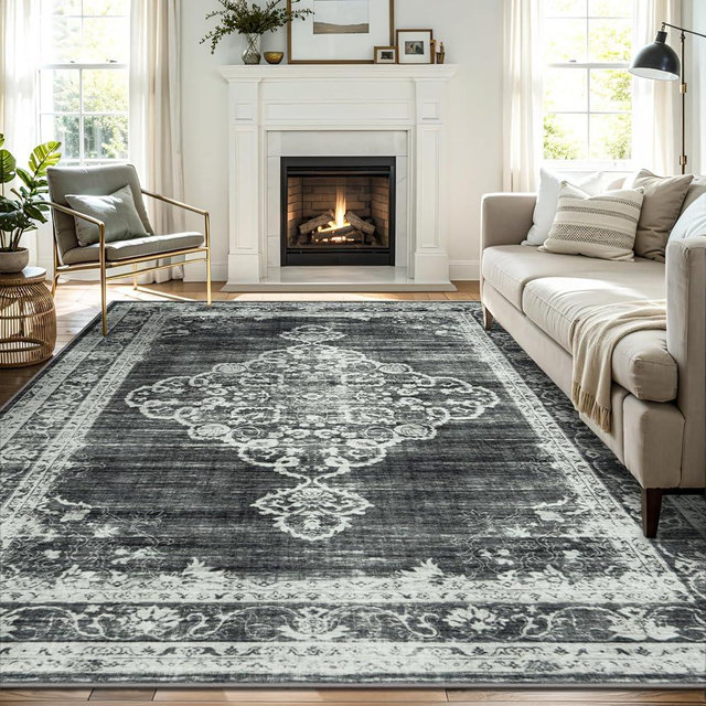 8x10 Area Rugs for Living Room Washable, Neutral Vintage Rug Large for Dining Room Bedroom Carpet Farmhouse Non Slip Low Pile Pet Friendly Area Rug 8 by 10 Indoor Black